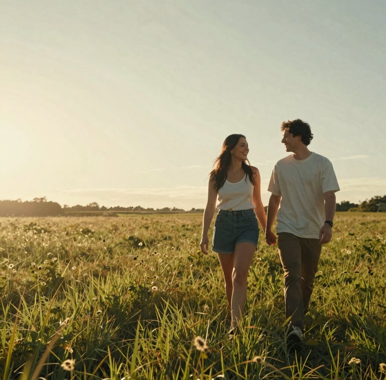 Cinematic portrait of a couple walking through a sun-drenched meadow at golden hour, warm lens flare, soft low-angle light, authentic laughter, wide framing with negative space on the left.