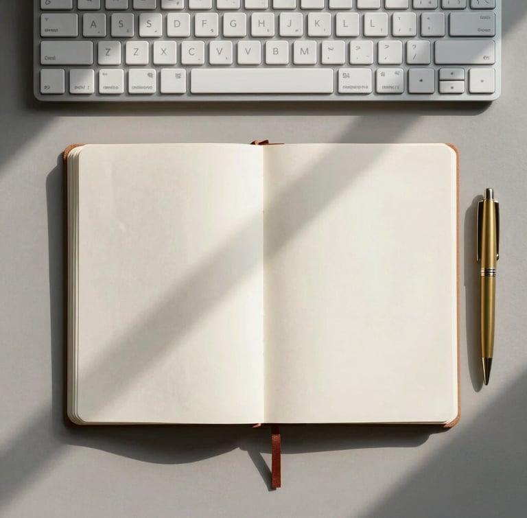 Top-down flat lay of a minimalist workspace, an open analog notebook, a brass pen, a clean mechanical keyboard, soft morning light casting long shadows, neutral tones.