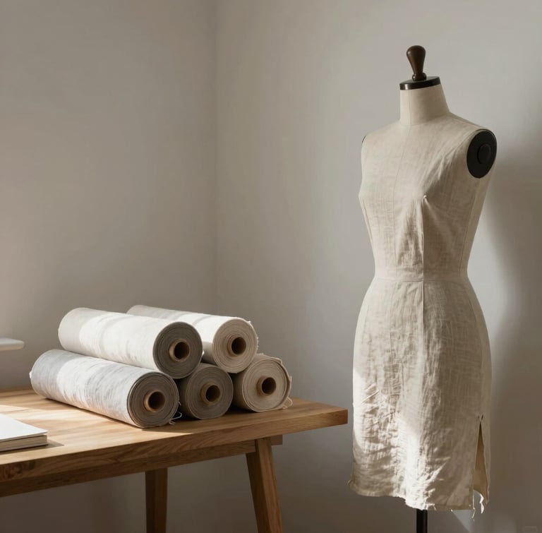 A quiet, architectural corner of a modern clothing design studio in Utah. Soft, diffused daylight illuminates a linen-draped dress form next to a minimalist wooden table stacked with neutral textile rolls.