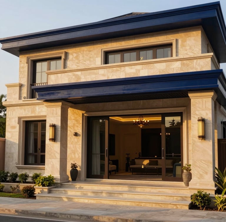 Warm editorial architectural photography of a luxury modern Indian villa exterior at golden hour, deep navy accents, sun-drenched stone facade, 35mm lens