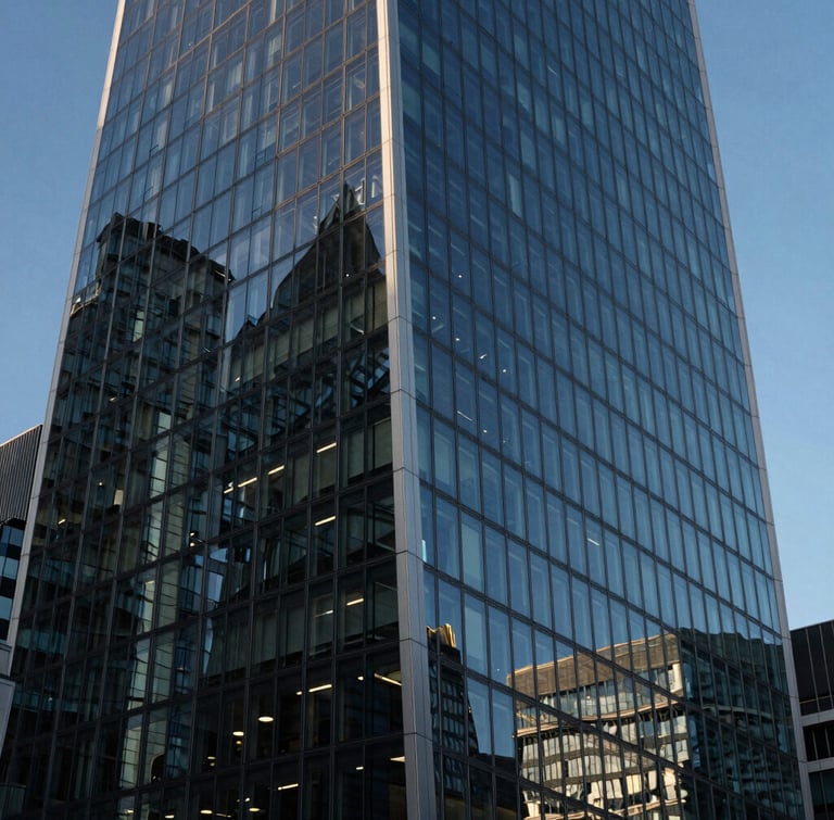 High-contrast architectural angle of a modern skyscraper in London, sharp shadows, cool blue hour light reflecting off glass facade.