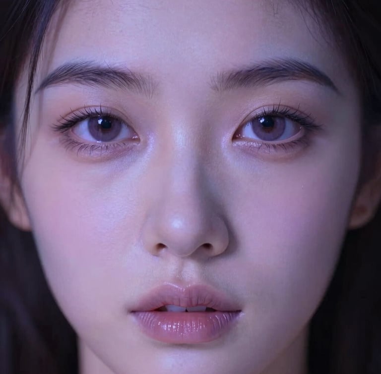 Extreme close-up of a synthetic female portrait with flawless porcelain skin, soft digital lavender light reflecting in her eyes, low-key volumetric glow, dark editorial style.