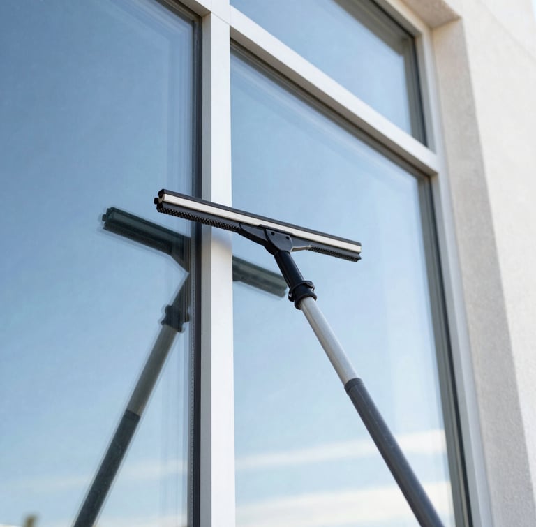 Tight macro shot of professional window washing equipment, clean squeegee wiping a gleaming window pane reflecting a clear blue Arizona sky, bright daylight