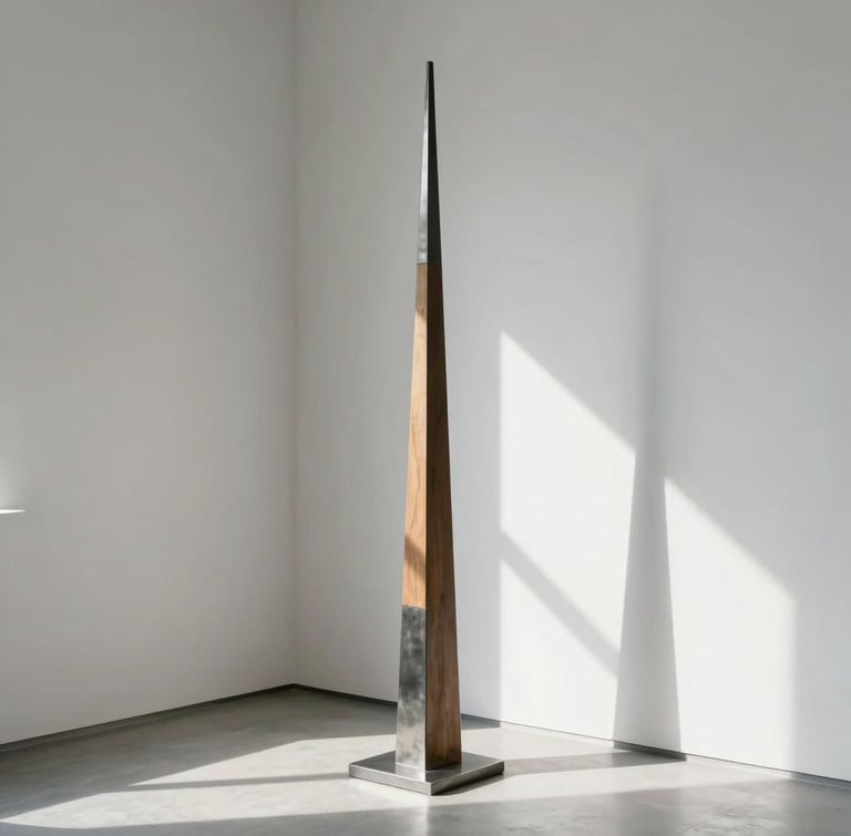 A tall, minimalist steel and wood sculpture standing in a sunlit gallery corner, cast shadows on a pure white wall, natural high-contrast lighting.