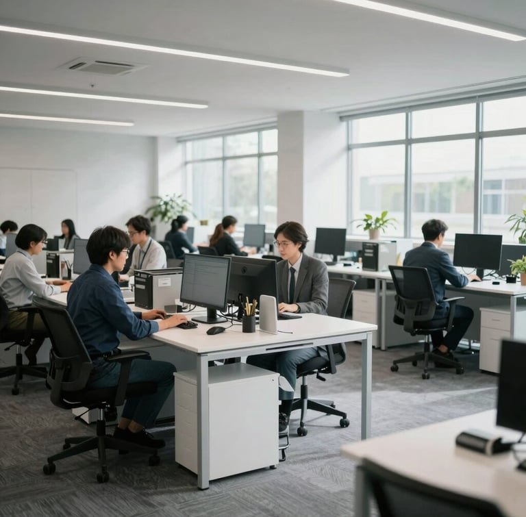 Wide environmental shot of a modern, daylight-filled logistics office with clean white desks, professional team members working in the background, cool tones, natural light.