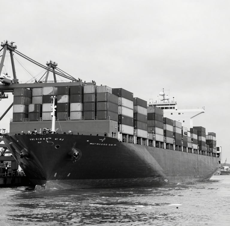 Black and white industrial photography of massive container ships stacked with cargo at a deep water port, high-contrast overcast light