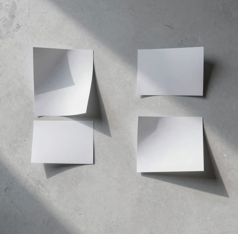 Minimalist composition of abstract paper-sculpture shadows cast on a light gray concrete wall, soft overcast daylight, cool undertones with generous negative space.