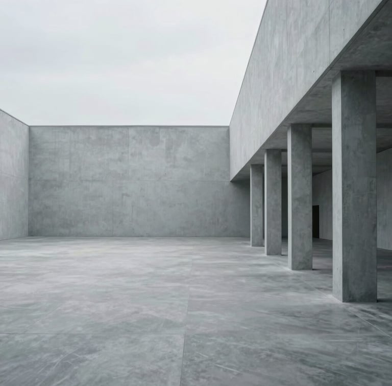Wide off-center environmental composition of a serene, uncrowded architectural workspace, soft diffused overcast daylight, massive negative space on the left, cool gray tones.