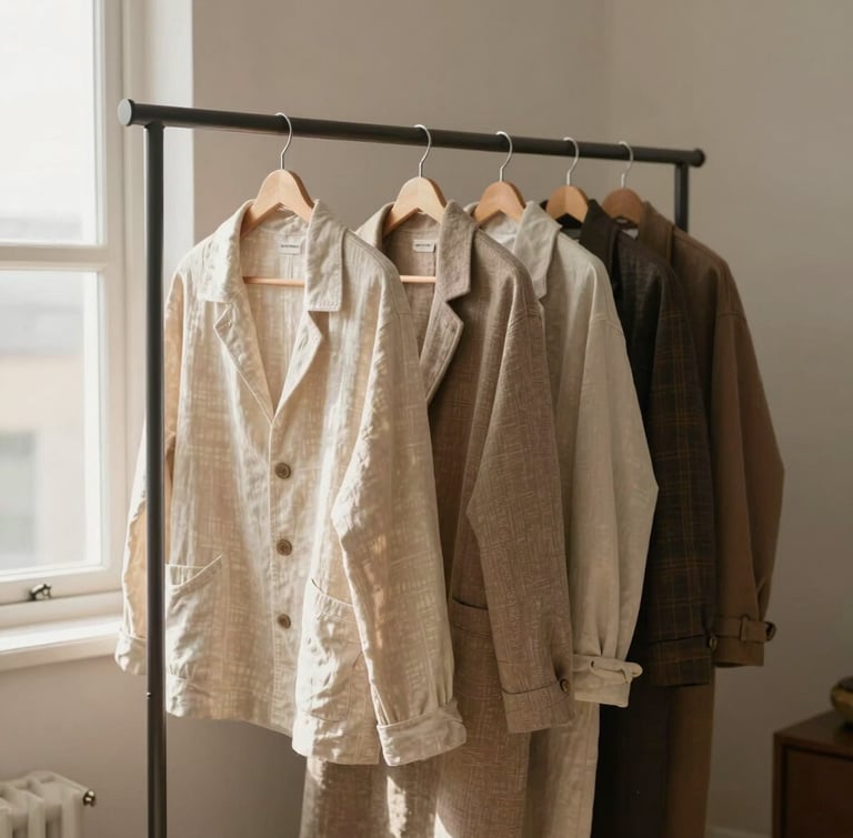 A medium-wide environmental shot of a beautifully styled WATIOWL garment rack in a sunlit bedroom corner, holding premium linen and wool garments on wooden hangers under soft morning window light.