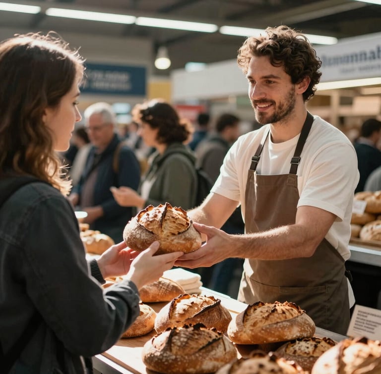 A portrait shot of a bustling modern food market hall, natural side light, showing a vendor handing a fresh sourdough loaf to a customer.