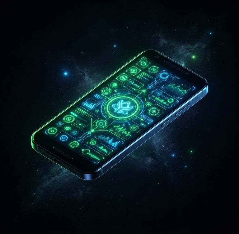 Sleek 3D render of an Android device floating in dark space, glowing neon green and electric blue UI elements on screen, sharp studio rim lighting, isometric perspective