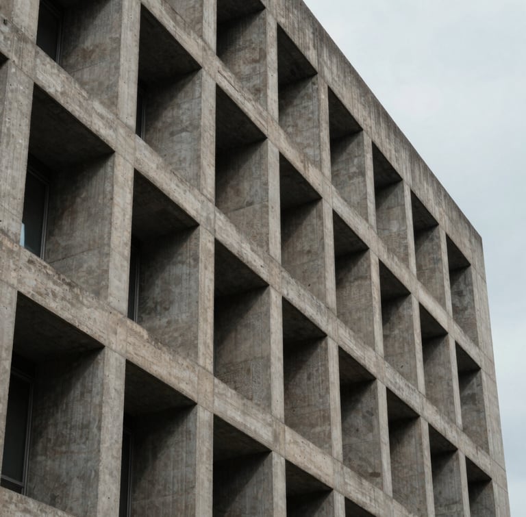 Vertical framing of a brutalist concrete corporate building facade under cool overcast daylight, sharp geometric shadows, emphasizing structural permanence.
