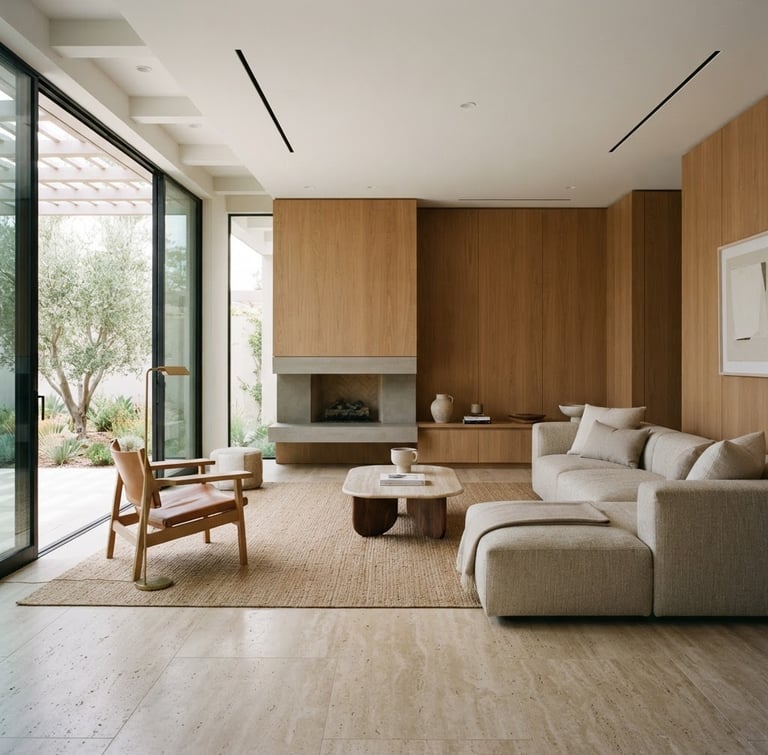 Wide shot of a minimalist, high-end interior living space, travertine flooring, oak paneling, soft diffused Southern California daylight, clean lines, 35mm architectural lens, no people.