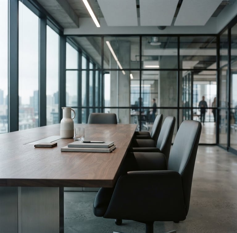 Architectural crop of a modern boardroom table, soft directional natural daylight, desaturated cool tones, 35mm