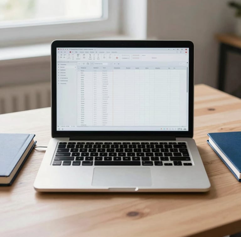 Straight-on shot of an organized modern desk, a laptop showing clean ledger spreadsheets, a blue notebook, and soft natural morning light, generous negative space.