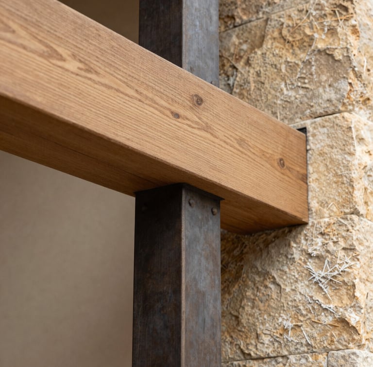 Macro architectural photograph of a sharp material transition where a sandblasted oak beam meets a raw steel column, natural side-lighting, warm stone tones, sharp focus.