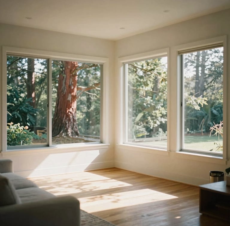 A bright, modern California living room with large steel-frame windows overlooking redwood trees, warm sunlight casting long shadows on oak floors