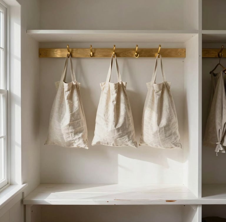 Straight-on architectural shot of a meticulously organized coastal mudroom, warm brushed-gold hooks holding linen bags, clean white oak bench, natural daylight streaming from the side.