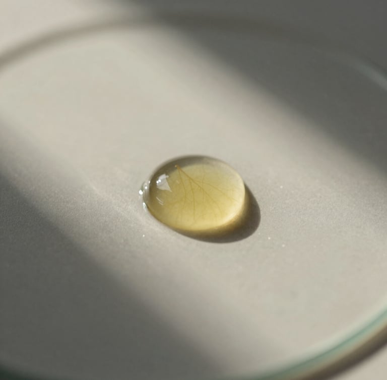 Macro close-up of pure botanical oil droplets on a clean glass surface under soft morning light, warm shadows, minimalist composition.