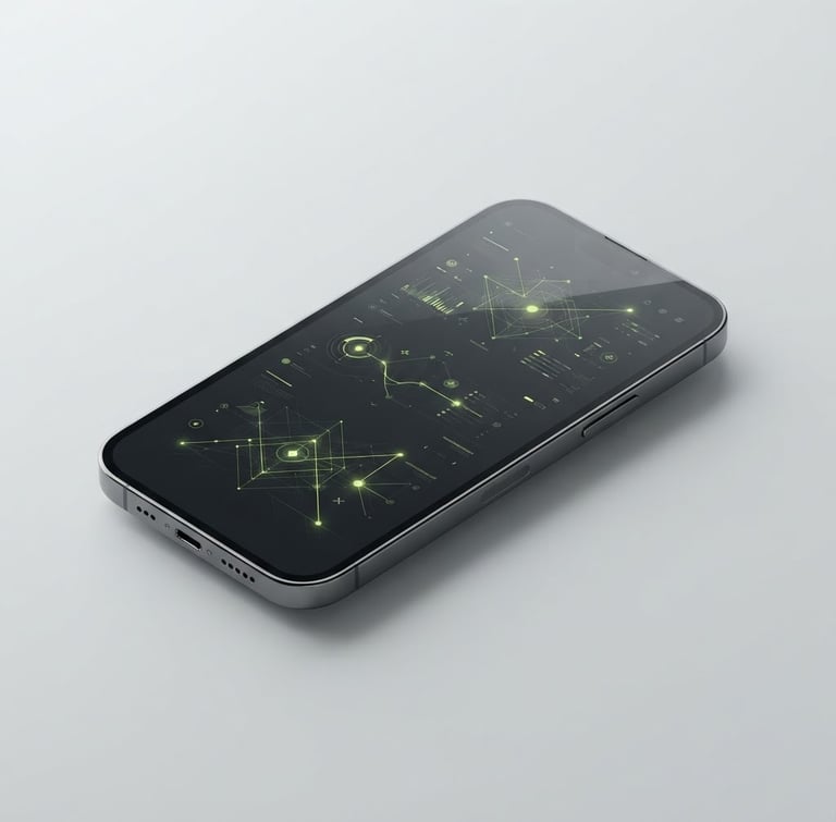Sleek isometric 3D render of a premium smartphone displaying a minimalist dark web interface, crisp studio lighting, lime green accents, high-key light grey background