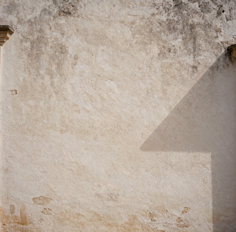 Close-up of a textured lime-washed wall in an ancient masseria in Puglia, soft diffused natural light, shadows casting geometric patterns, desaturated warm stone tones, 35mm film grain.