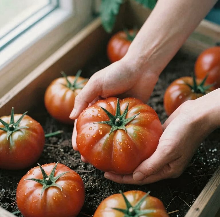 Overhead medium shot of hands harvesting heirloom tomatoes in soft morning light, rich soil, 35mm film aesthetic.