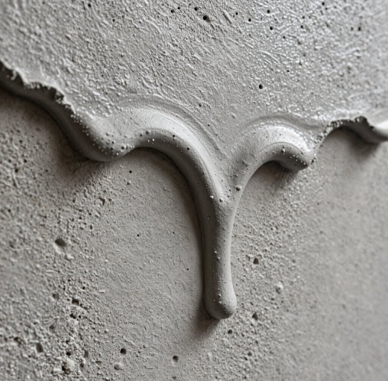 Extreme close-up of tactile paint layers dripping down raw, textured concrete, natural directional gallery lighting, highlighting the physical depth of the medium.
