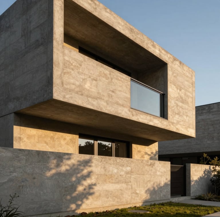 Hasselblad medium format architectural shot of a brutalist concrete residence at golden hour, dramatic natural light and deep shadows, clean lines, warm travertine accents, high-end luxury styling