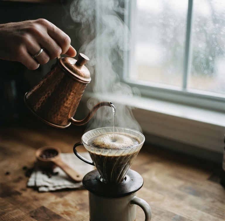 Close-up of a hand pouring hot water from a copper kettle over a glass coffee dripper, thick steam rising, soft overcast morning light through a rain-streaked window, warm wooden counter background