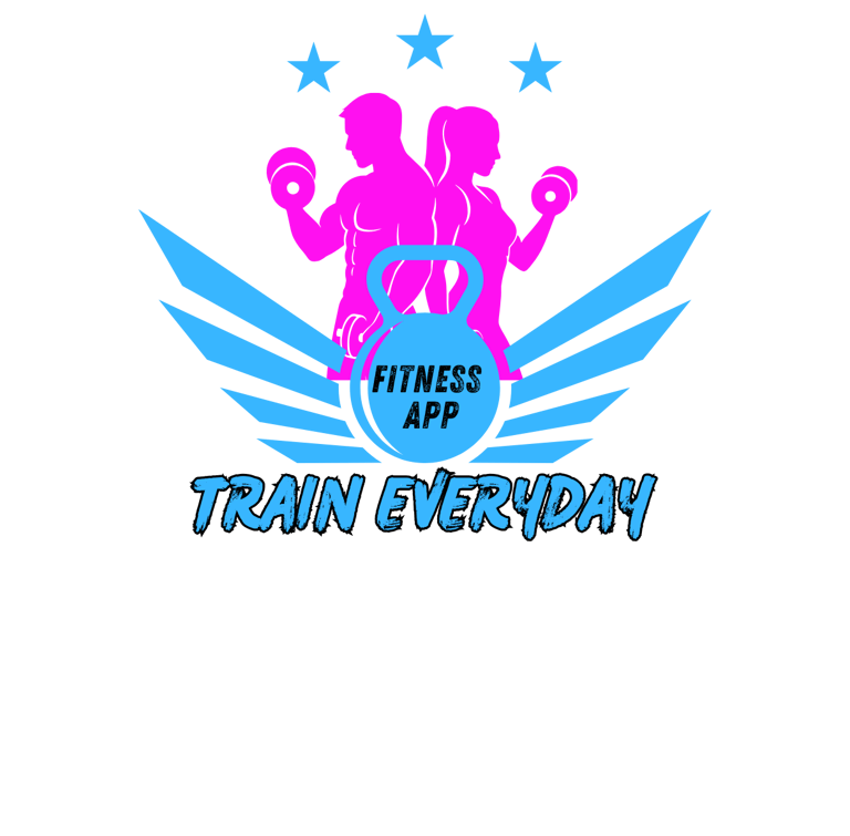 Logo of train everyday with a man and a woman holding a dumbbell and a kettle bell sitting in front