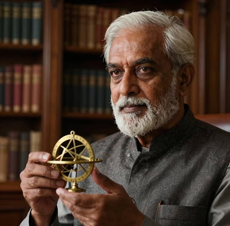 Close-up portrait of Ravinder Pandit in a quiet, dark-wood library, holding an antique brass astrolabe, illuminated by warm directional window light.