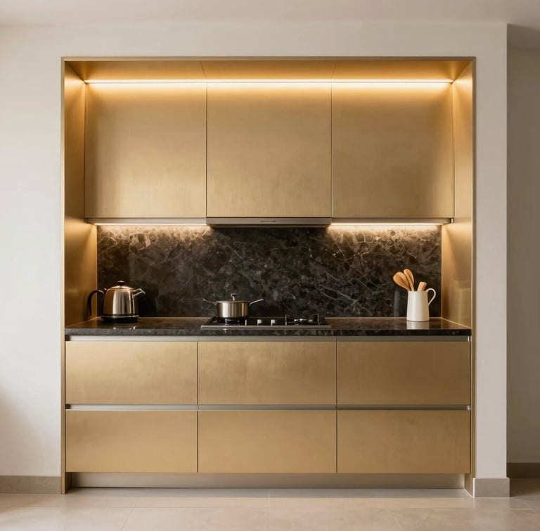 Straight-on architectural perspective of a luxury modular kitchen in Gurgaon, warm integrated LED lighting highlighting champagne gold profiles and dark quartz countertops, crisp off-white walls.