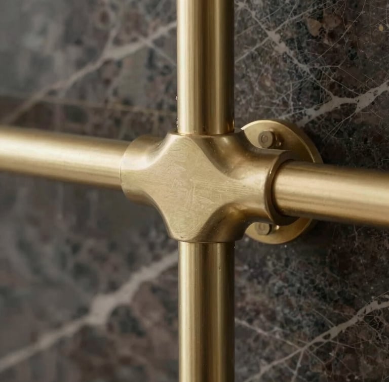 Extreme close-up of champagne-gold bespoke fixtures against dark Italian marble, crisp morning light highlighting the refined textures