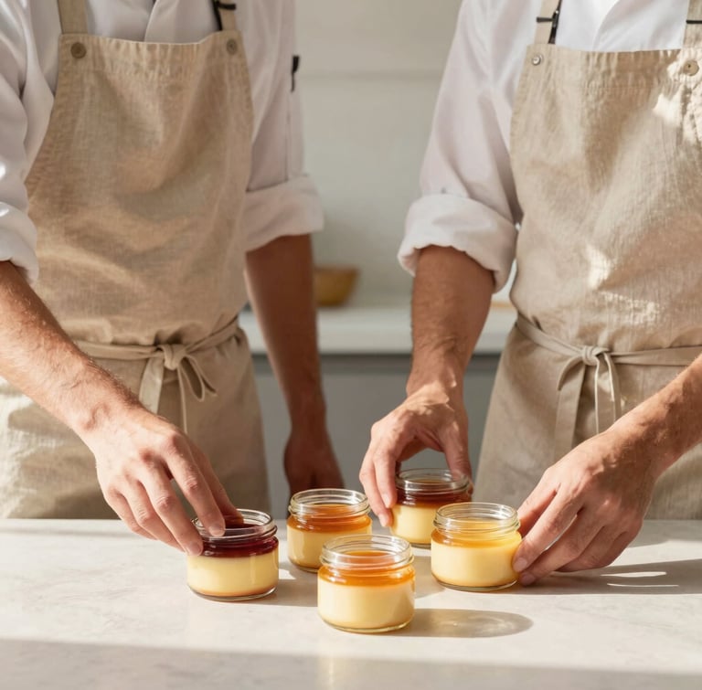 An editorial portrait of two pastry chefs in clean beige linen aprons arranging custard jars on a minimalist table, warm afternoon Miami sunlight, soft shadows.