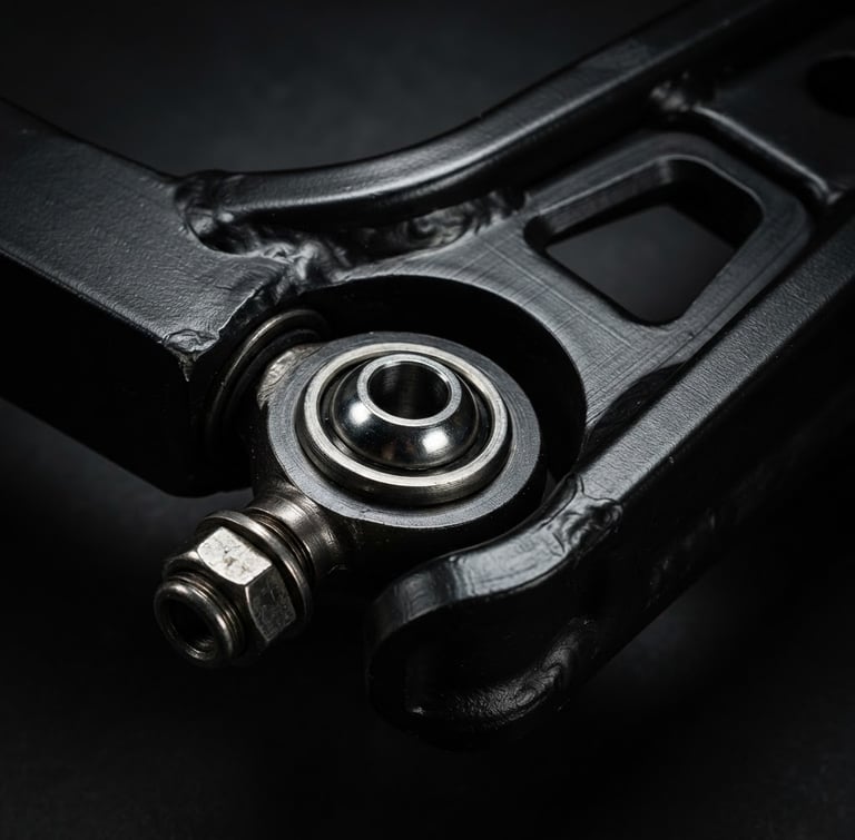 Extreme close-up of a heavy-duty black anodized steel suspension arm, dramatic studio lighting, metallic reflections, sharp focus