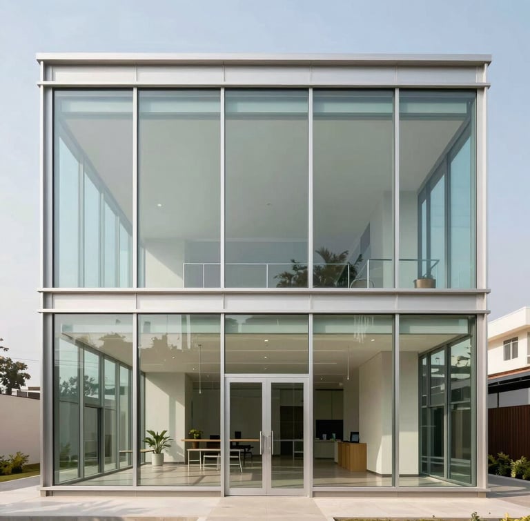 Symmetric architectural shot of a modern glass office pavilion in Noida Sector 62, clean geometric steel framing, bright daylight, premium architectural photography