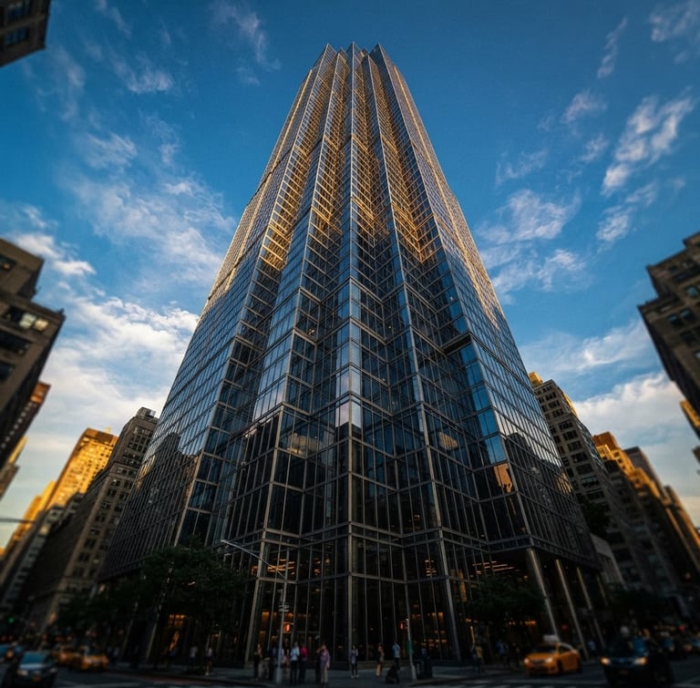 Low-angle heroic shot of a towering glass skyscraper facade at golden hour, reflecting deep blue and warm gold light, sharp focus
