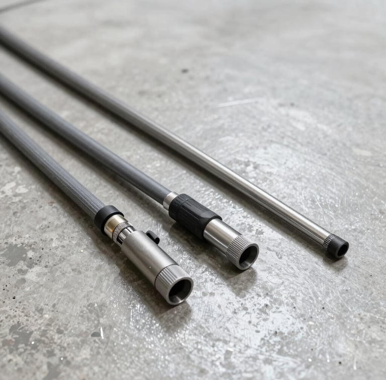 Crisp commercial photography of professional industrial cleaning equipment, featuring a clean high-pressure hose and specialized steel nozzles resting on a sparkling clean concrete floor.