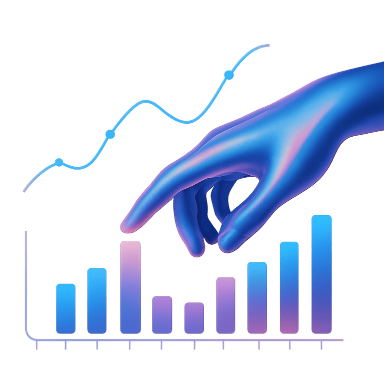 Futuristic glowing hand interacting with a digital bar and line chart.
