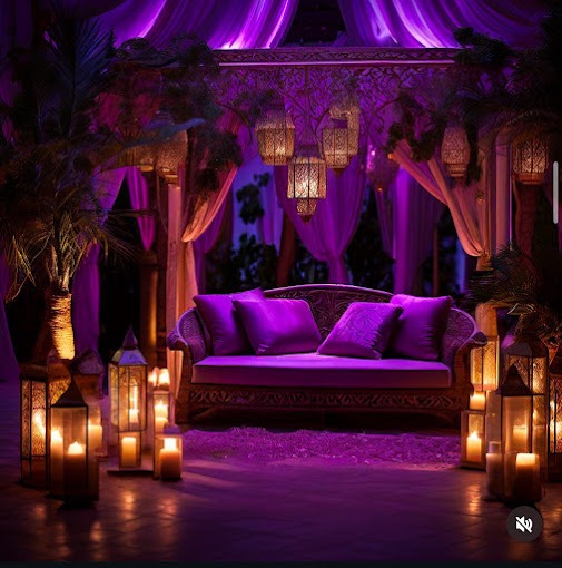 Sofa decorated with floor and hanging lanterns, in an oriental purple theme
