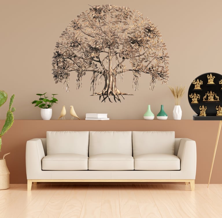 a couch with a brass tree in the middle of a room