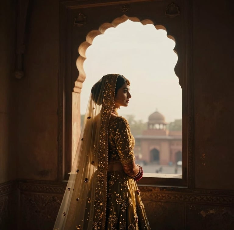 A cinematic, low-key portrait of a bride looking out of a historic arched window in Delhi, golden-hour light catching the intricate gold embroidery of her veil, deep shadows, rich warm tones.