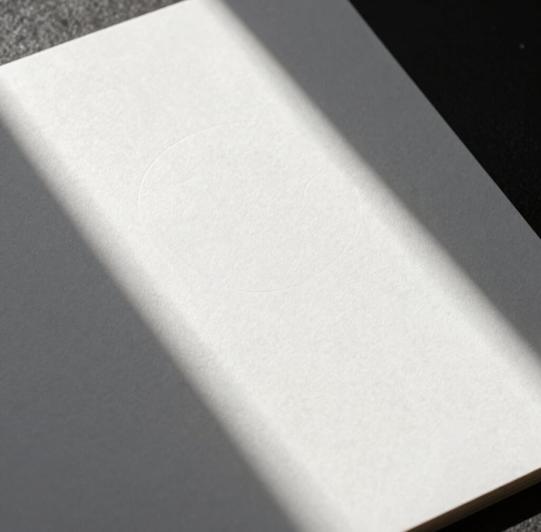 Portrait close-up of physical brand collateral, embossed white stationery on a heavy paper stock shot in sharp relief with hard, directional natural light casting geometric shadows.