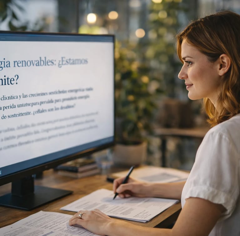 mujer con una laptop de mesa realizando una redacción de contenido web