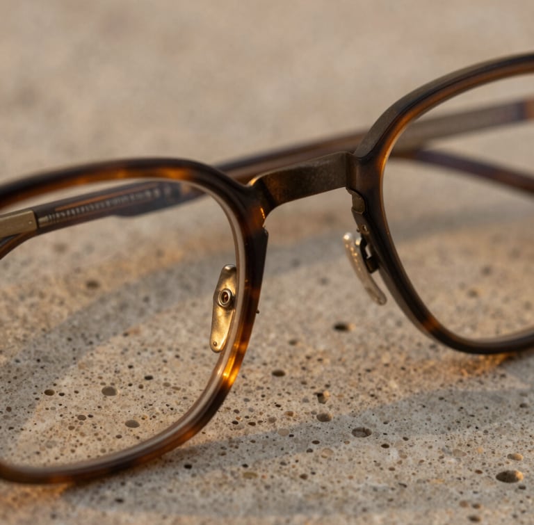 Extreme close-up of structural eyewear resting on porous travertine, warm low-intensity golden hour glow reflecting off bronze hinges.