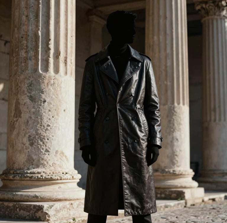 Dramatic silhouette of a model wearing a heavy leather coat against historic Roman stone columns, deep chiaroscuro lighting.