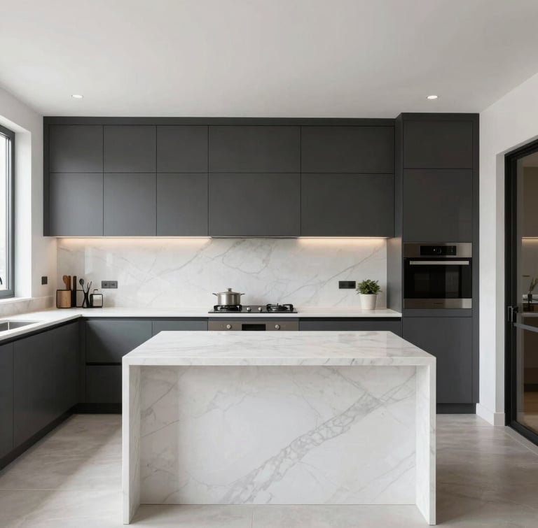 Straight-on architectural elevation of a modern open-plan residential kitchen, bright natural daylight, crisp white marble countertops, dark charcoal cabinetry, professional interior styling.