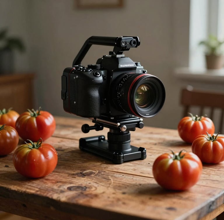 A portrait-oriented, Scandinavian-style shot of a camera rig positioned over a rustic wooden table covered in fresh heirloom tomatoes, soft natural light, deep shadows.