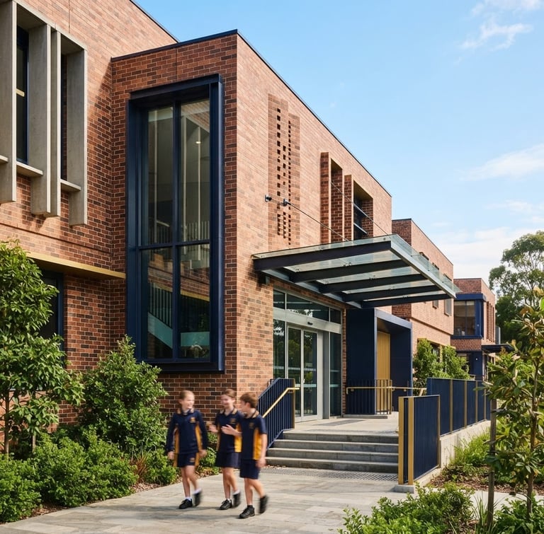 Bright editorial photography of the modern brick facade of The Huda Public School under clear blue skies, clean architectural lines, warm daylight, shallow depth of field