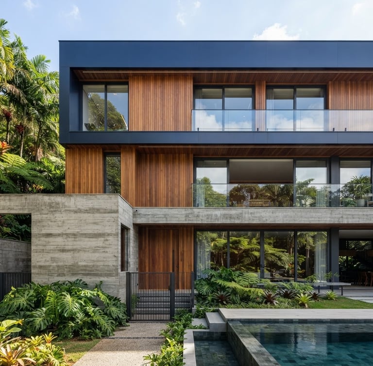 Premium architectural photography of a completed luxury residential facade in Brazil, crisp natural daylight, clean concrete and warm wood transitions, 35mm lens
